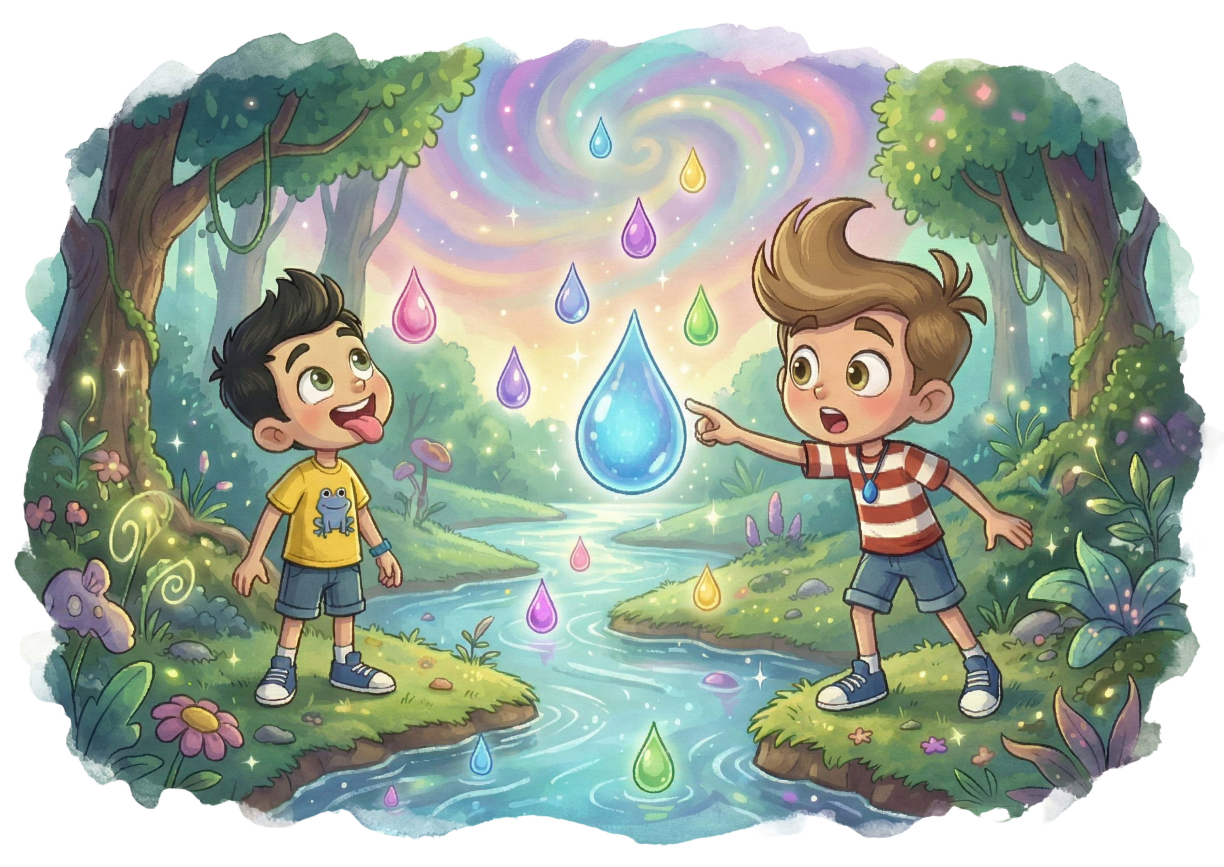 El río mágico con gotas de colores